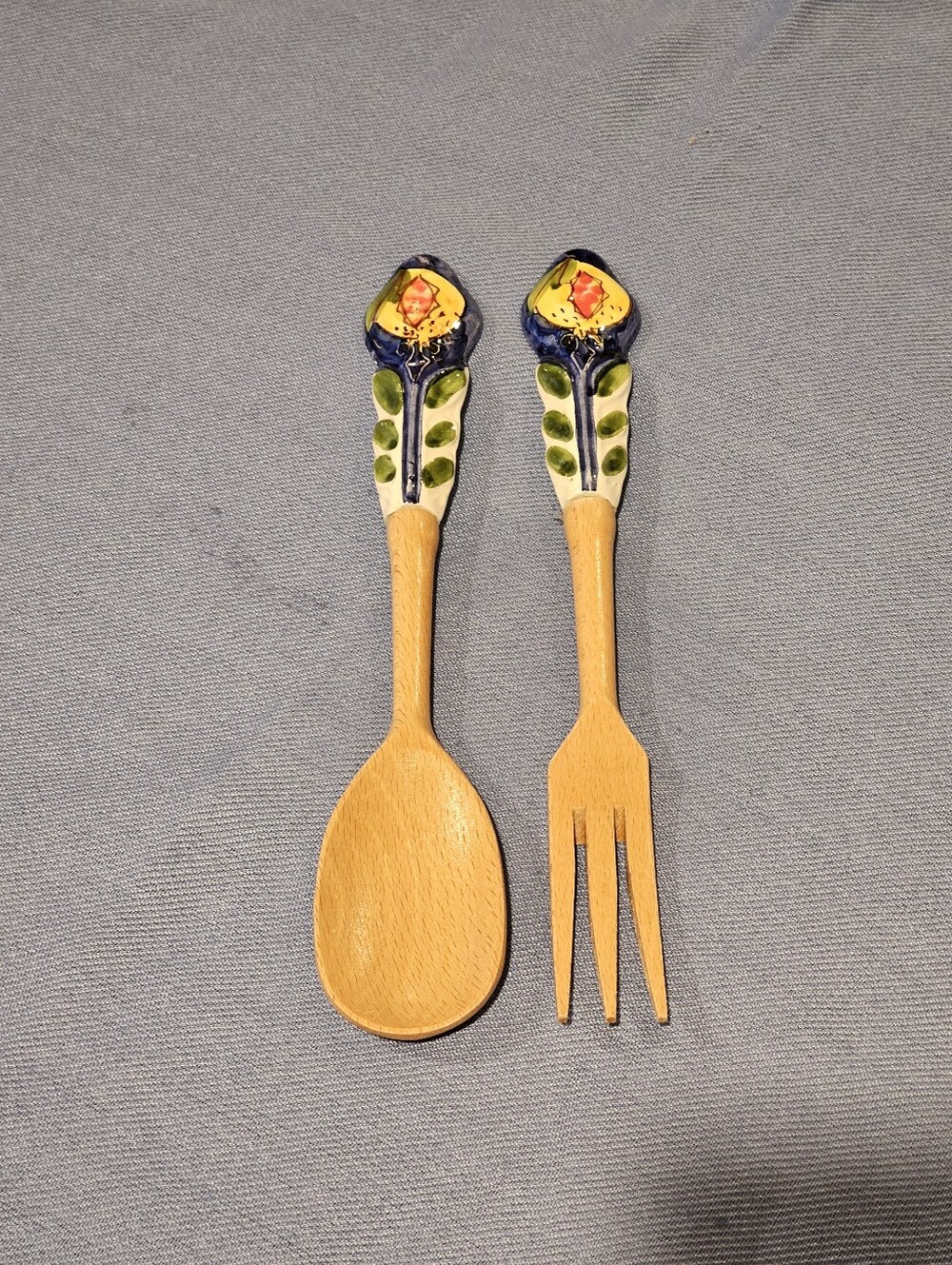 Handcrafted Ceramic-Handle Wood Spoon & Fork Set - Blue, Green, Yellow